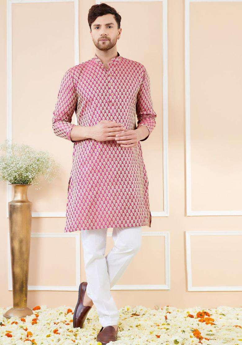 Pink Woven Design Silk Blend Kurta Set For Men - Indya