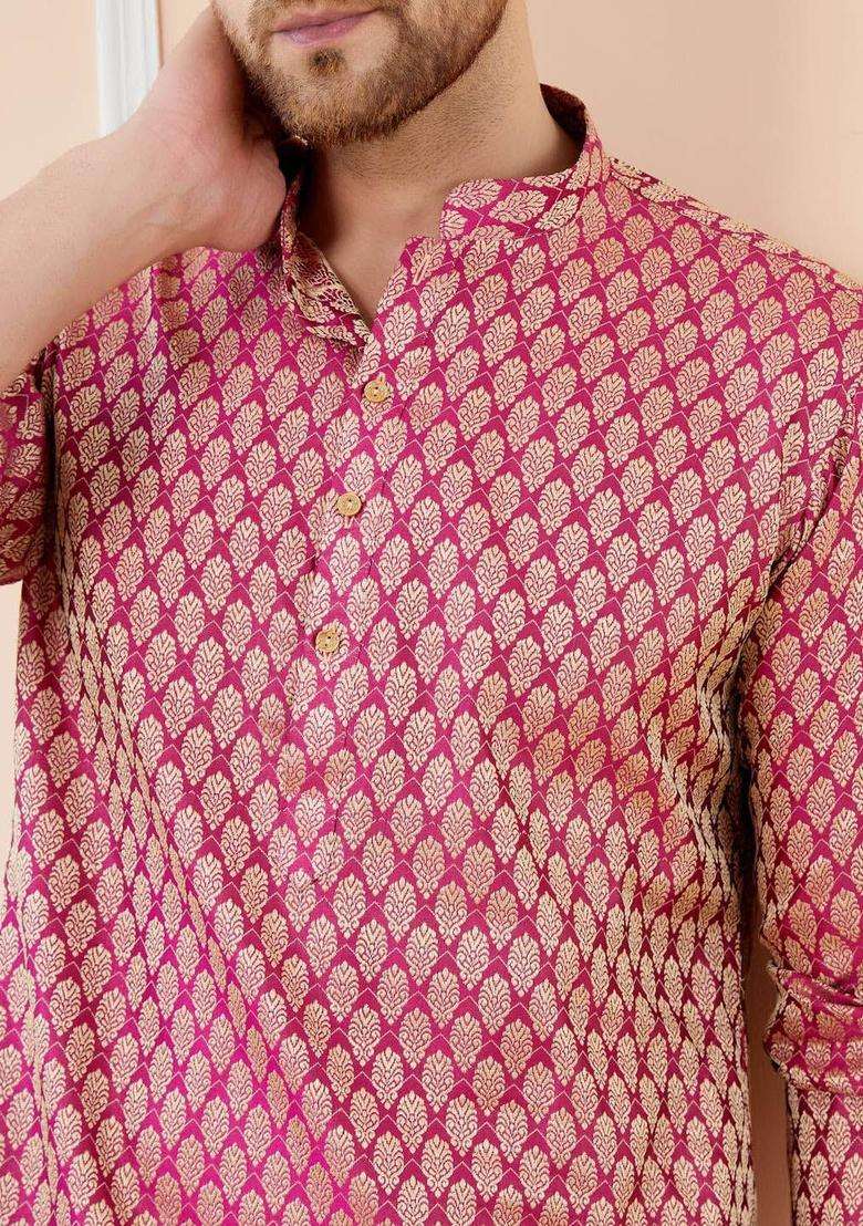 Pink Woven Design Silk Blend Kurta Set For Men - Indya