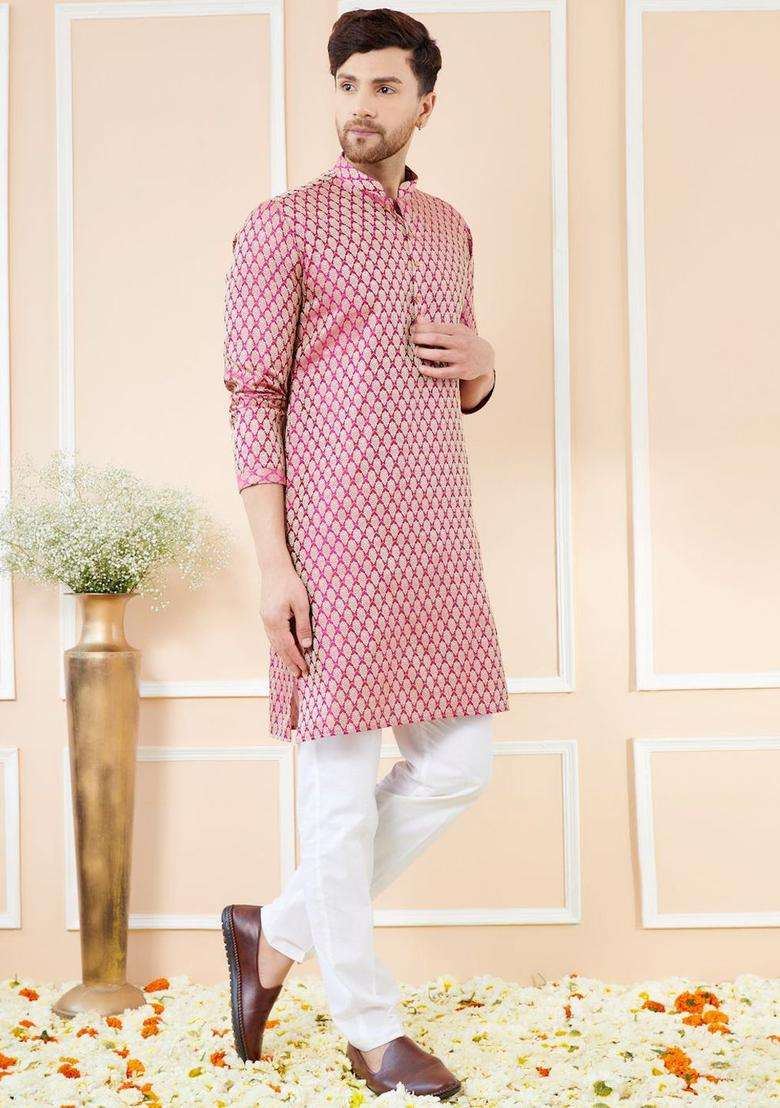 Pink Woven Design Silk Blend Kurta Set For Men - Indya