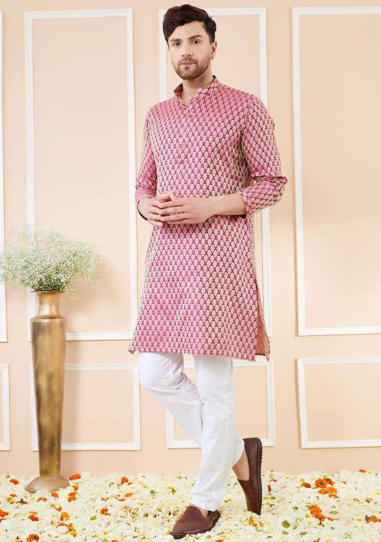 Pink Woven Design Silk Blend Kurta Set For Men - Indya
