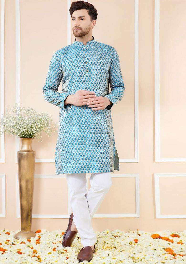 Blue Woven Design Silk Blend Kurta Set For Men - Indya