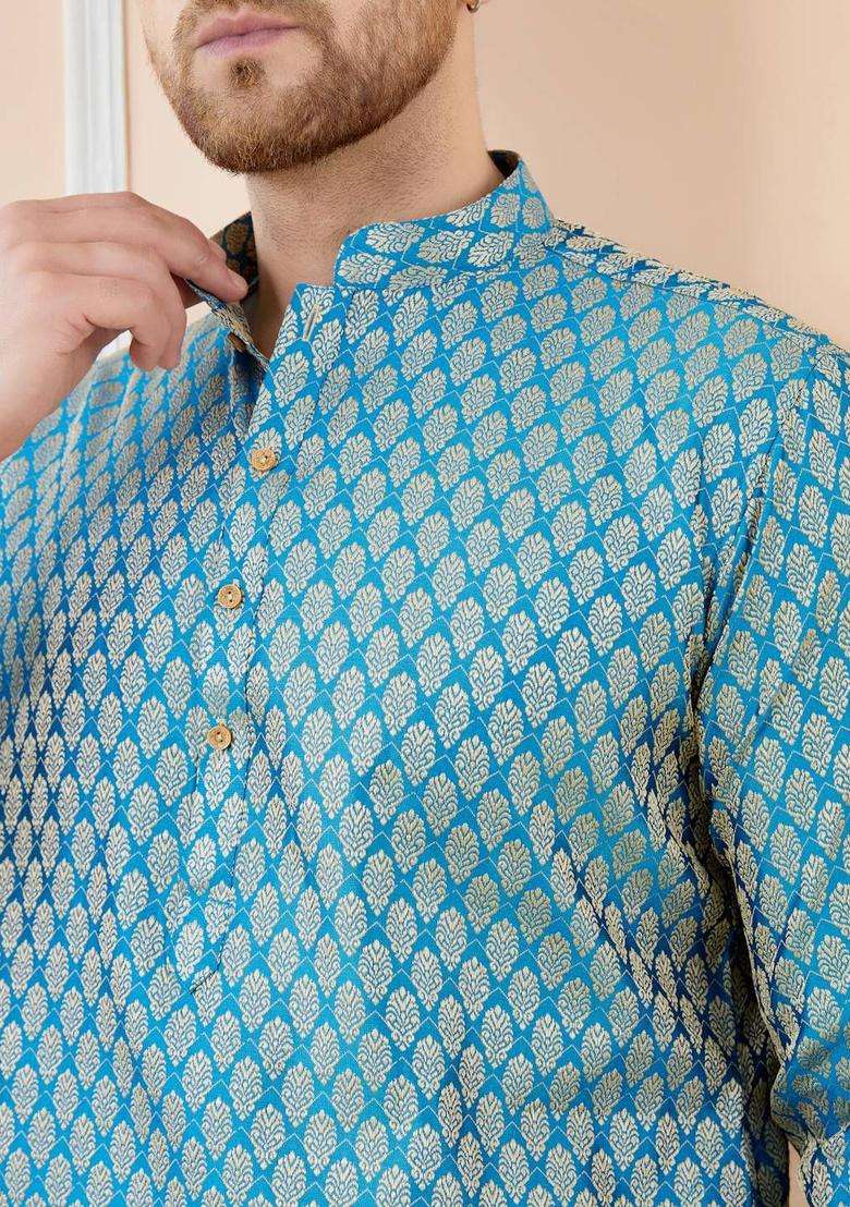 Blue Woven Design Silk Blend Kurta Set For Men - Indya