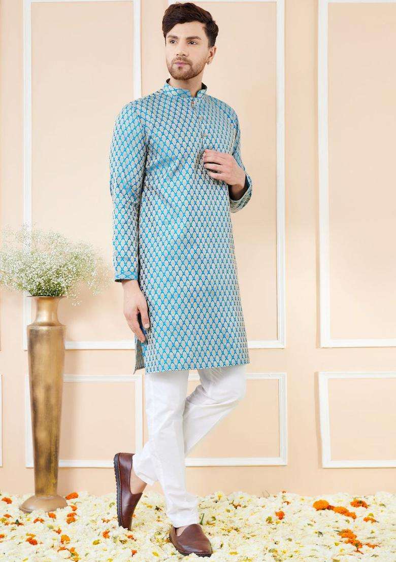 Blue Woven Design Silk Blend Kurta Set For Men - Indya