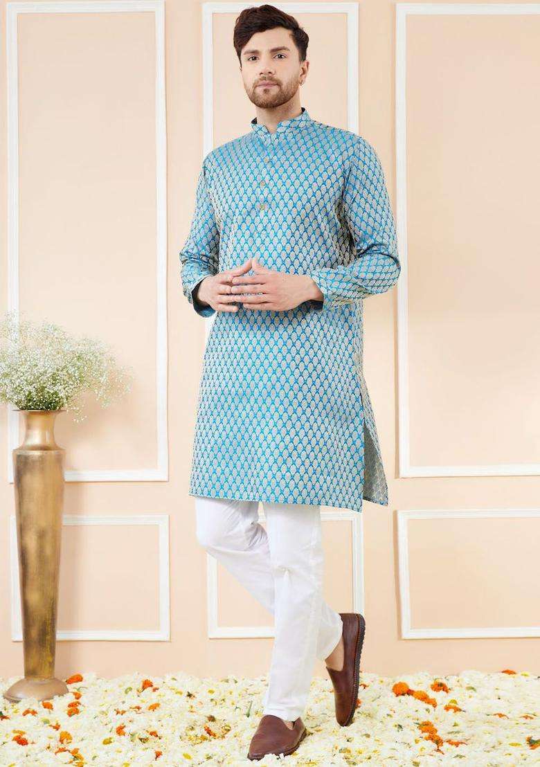 Blue Woven Design Silk Blend Kurta Set For Men - Indya