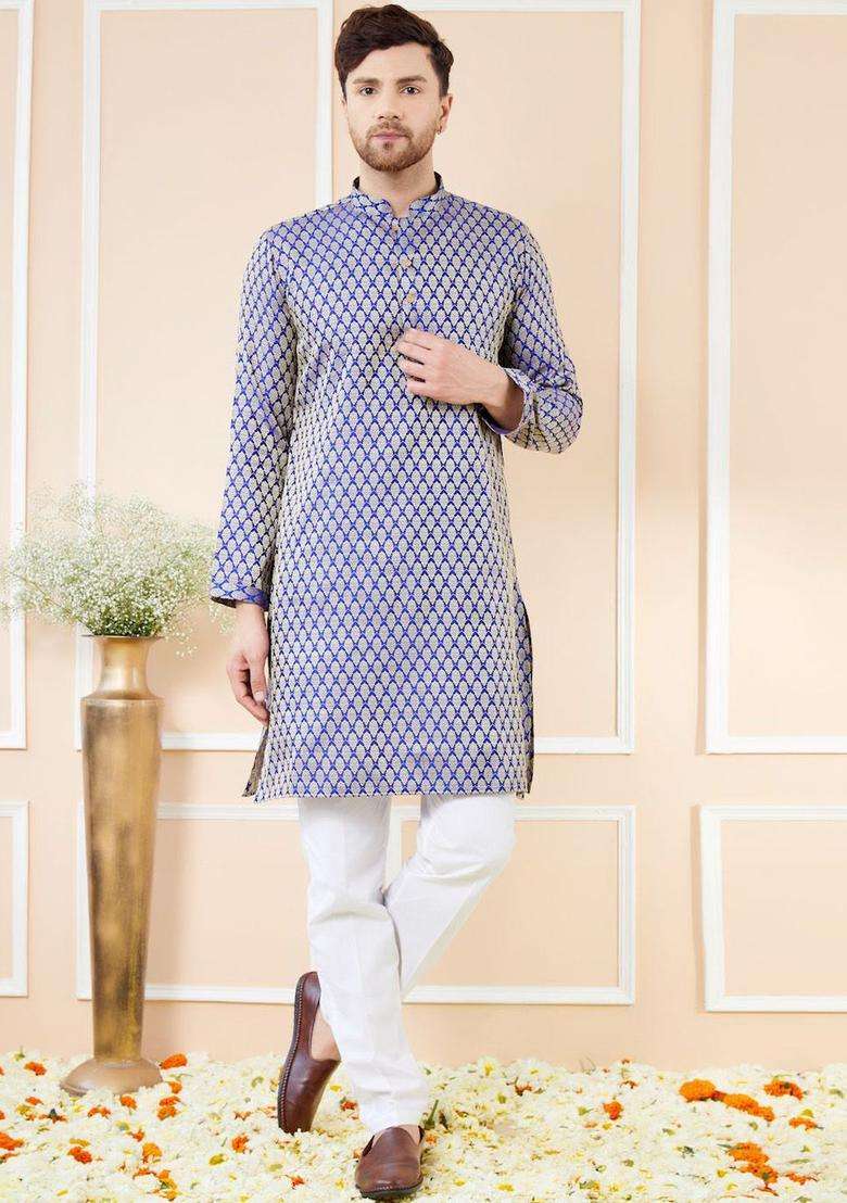 Blue Woven Design Silk Blend Kurta Set For Men - Indya