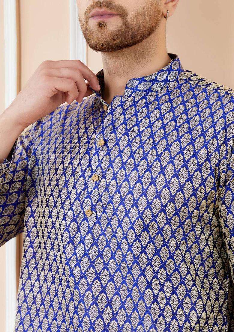 Blue Woven Design Silk Blend Kurta Set For Men - Indya