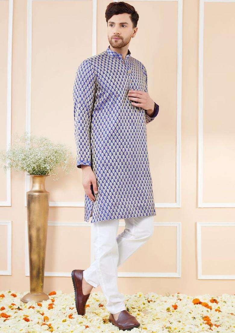 Blue Woven Design Silk Blend Kurta Set For Men - Indya