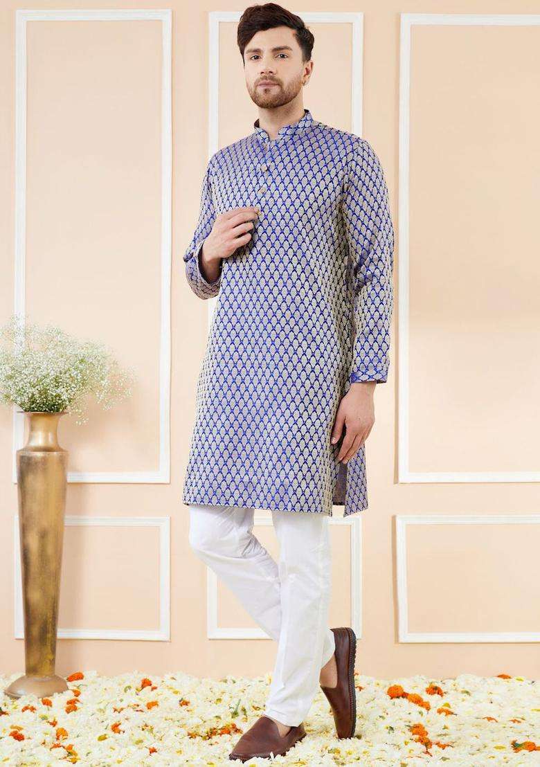 Blue Woven Design Silk Blend Kurta Set For Men - Indya