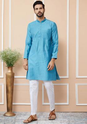 Blue Woven Design Silk Kurta Set For Men