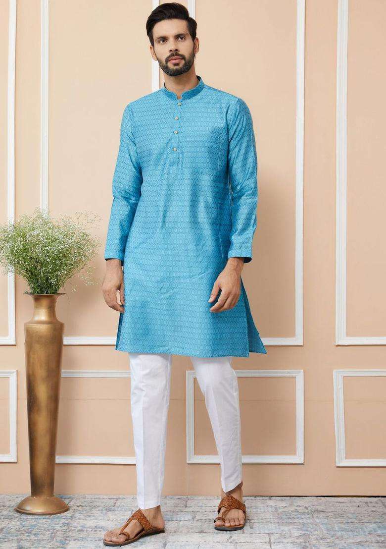 Blue Woven Design Silk Blend Kurta Set For Men - Indya