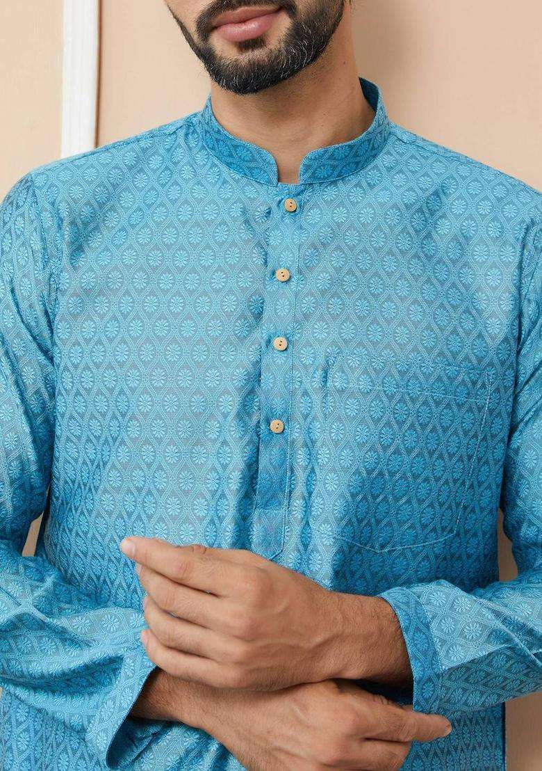 Blue Woven Design Silk Blend Kurta Set For Men - Indya