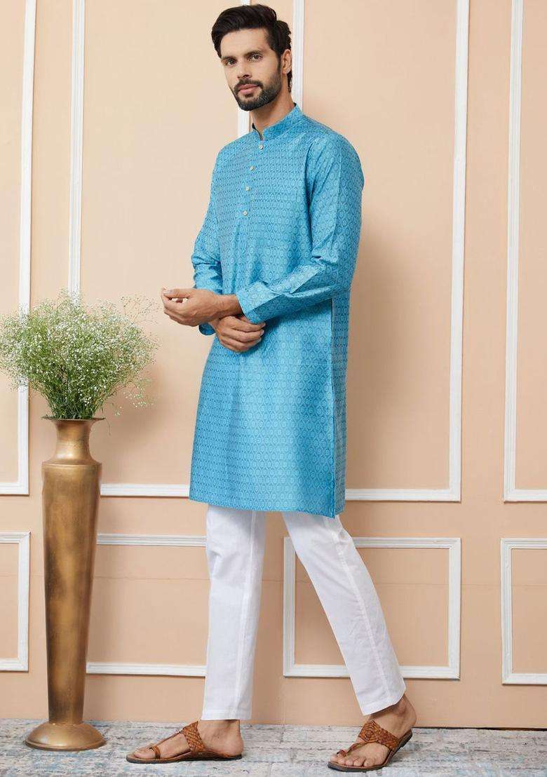 Blue Woven Design Silk Blend Kurta Set For Men - Indya