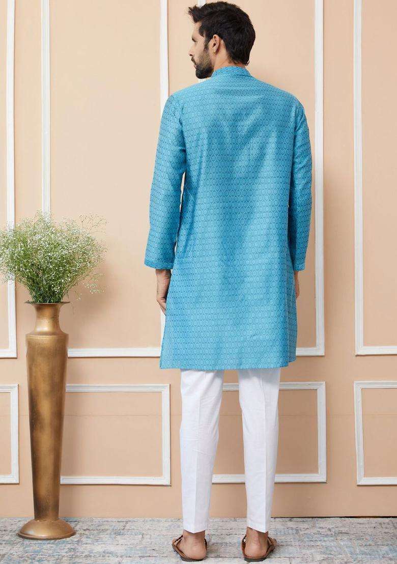 Blue Woven Design Silk Blend Kurta Set For Men - Indya