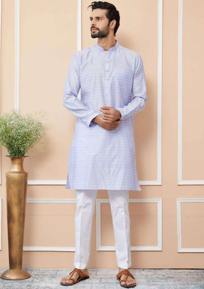 Blue Woven Design Silk Blend Kurta Set For Men - Indya