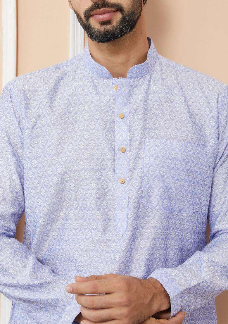 Blue Woven Design Silk Blend Kurta Set For Men - Indya