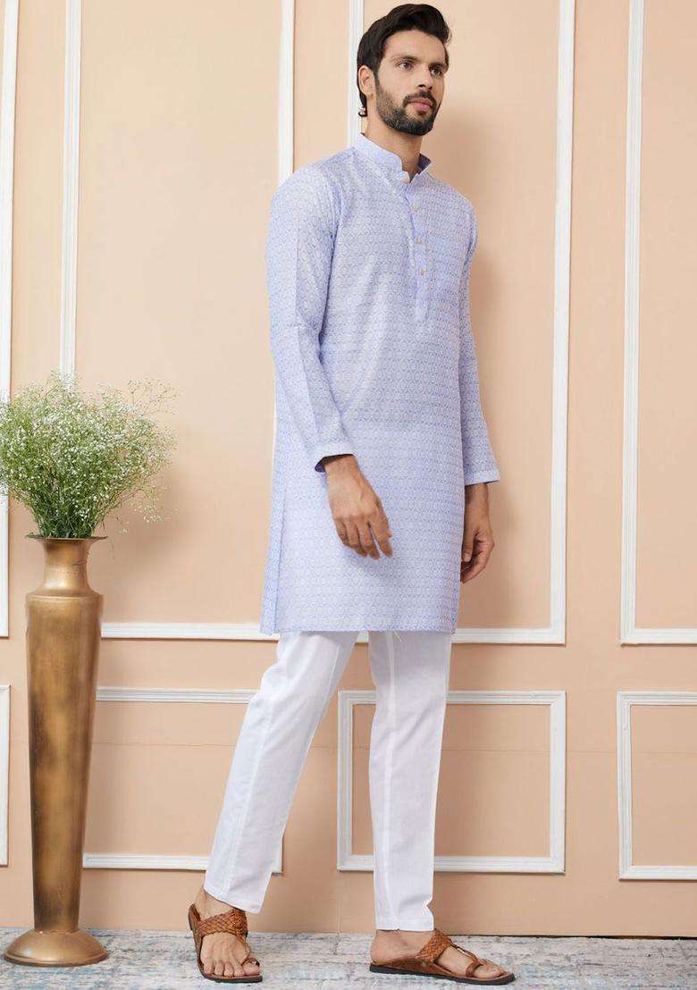 Blue Woven Design Silk Blend Kurta Set For Men - Indya