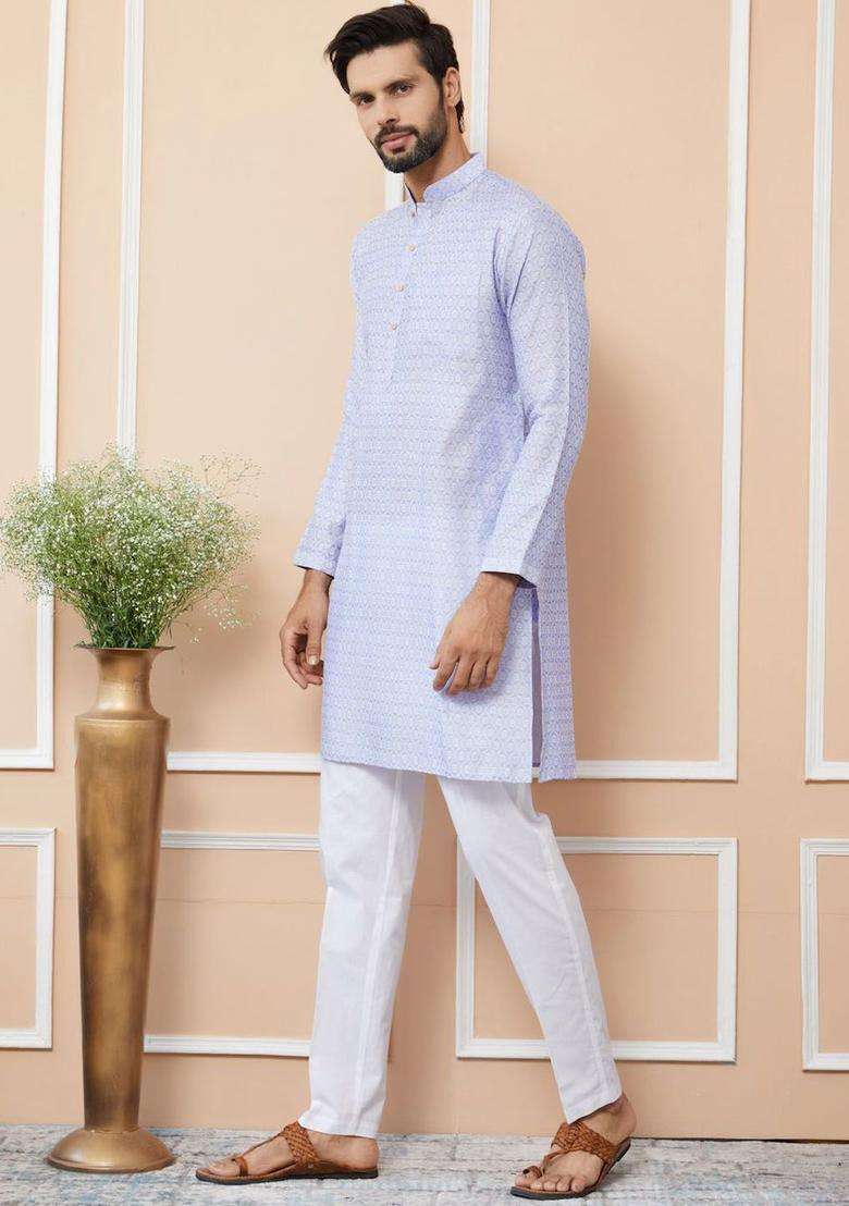 Blue Woven Design Silk Blend Kurta Set For Men - Indya