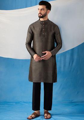 Black Woven Design Silk Kurta Set For Men