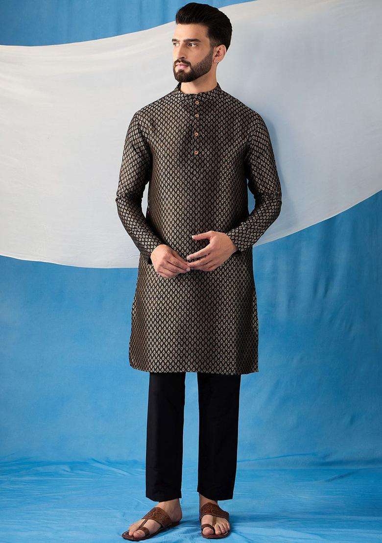Black Woven Design Silk Kurta Set For Men - Indya