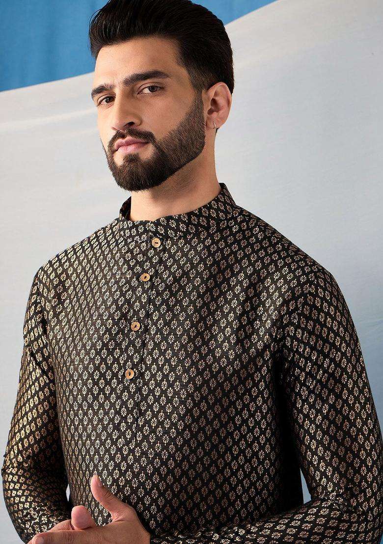Black Woven Design Silk Kurta Set For Men - Indya