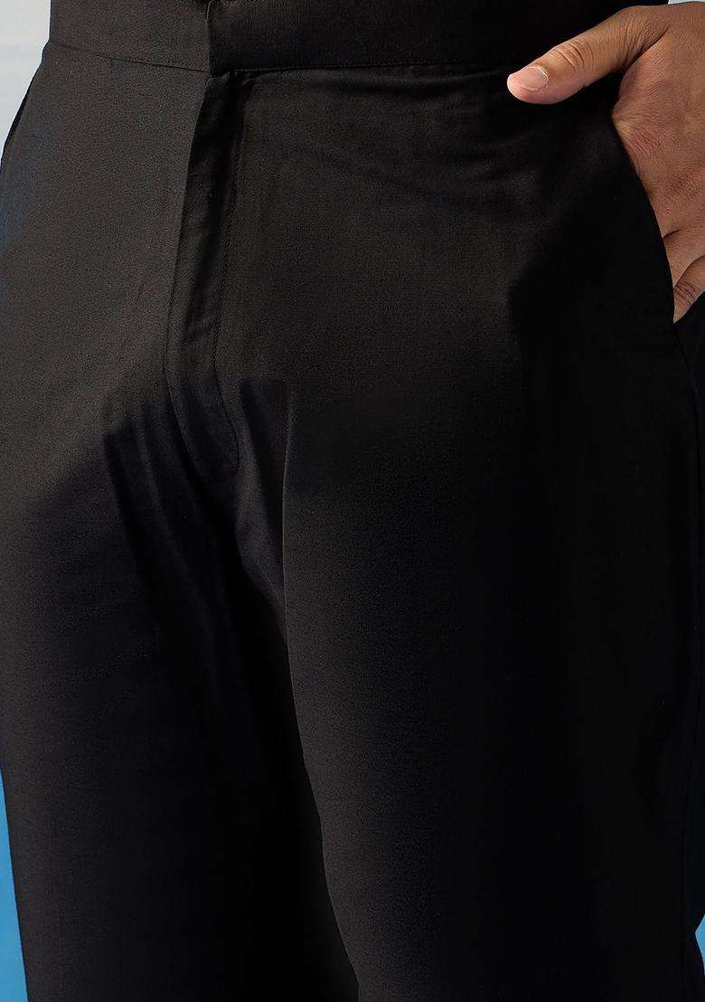 Black Woven Design Silk Kurta Set For Men - Indya