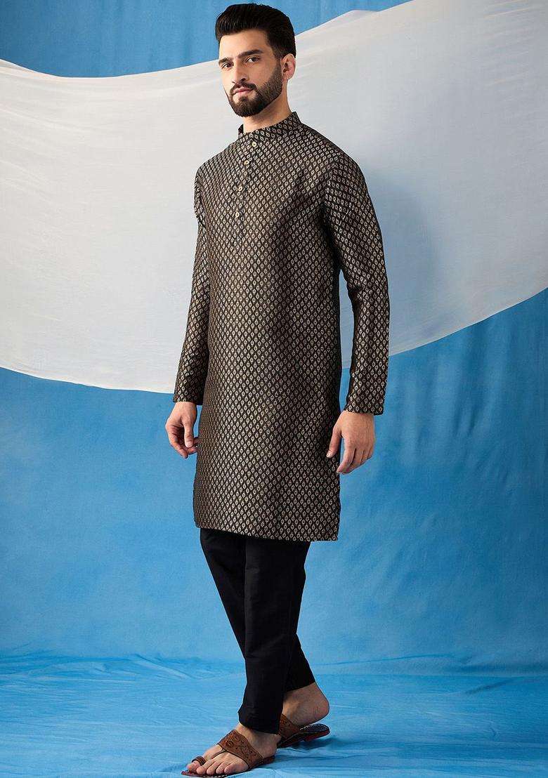 Black Woven Design Silk Kurta Set For Men - Indya