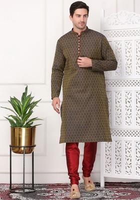 Navy Blue Woven Design Cotton Kurta Set For Men