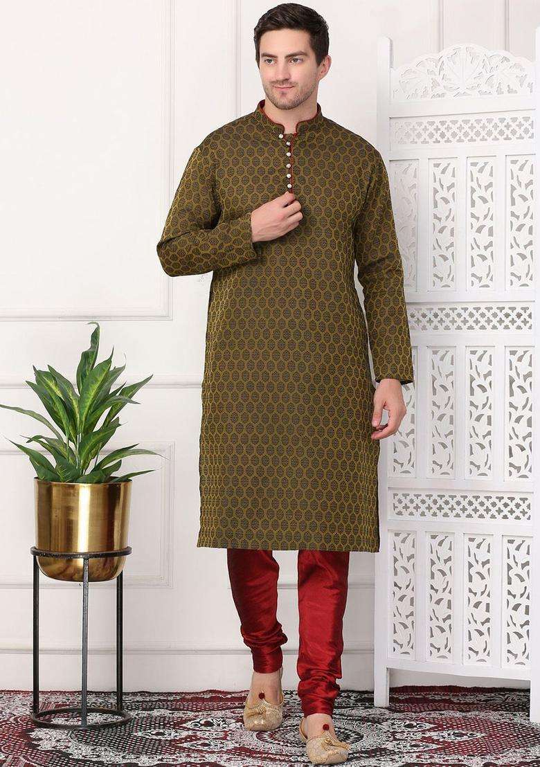 Black Woven Design Cotton Kurta Set For Men - Indya