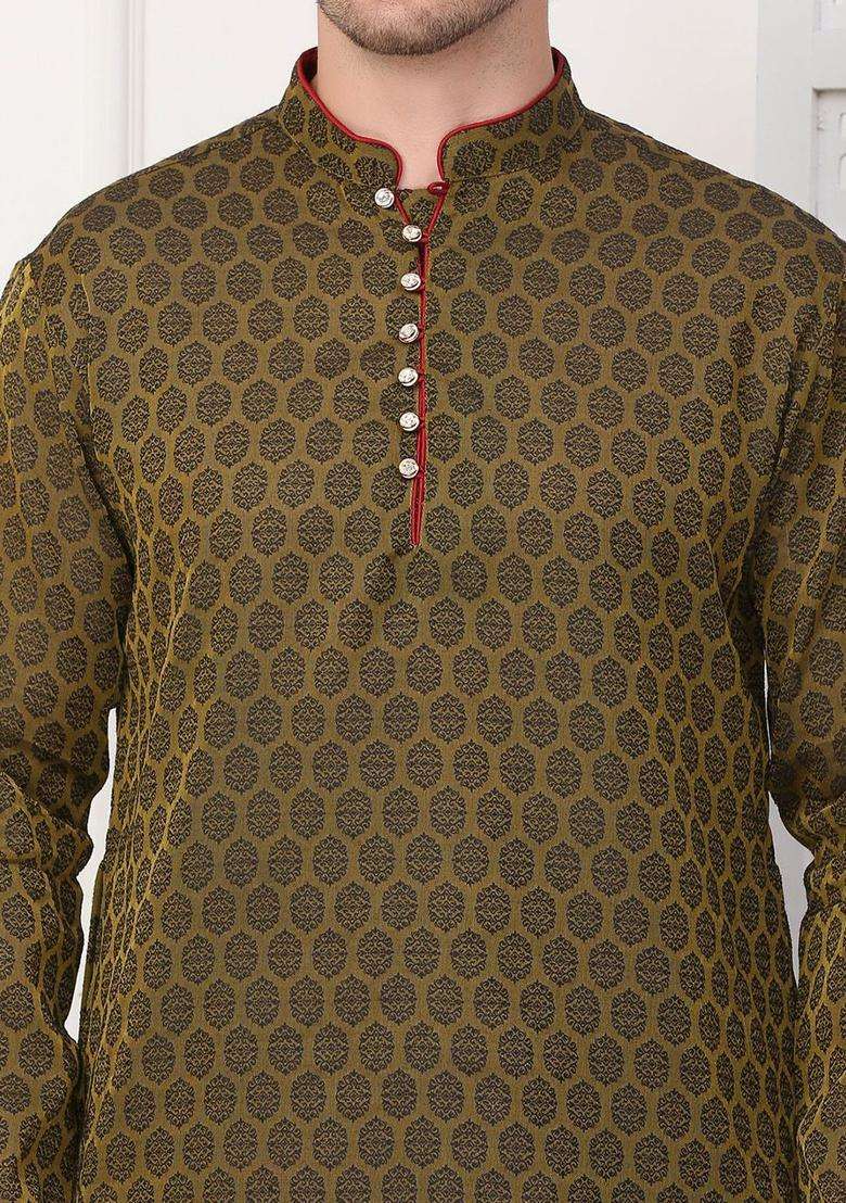 Black Woven Design Cotton Kurta Set For Men - Indya