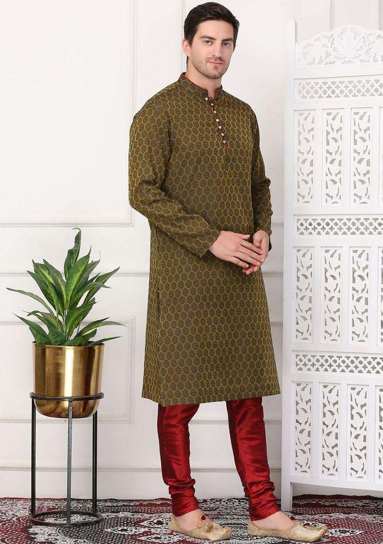 Black Woven Design Cotton Kurta Set For Men - Indya