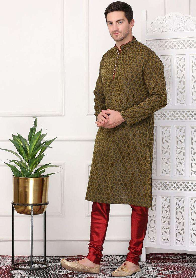 Black Woven Design Cotton Kurta Set For Men - Indya