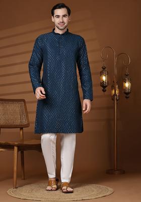 Navy Blue Embroidered Cotton Kurta Set For Men