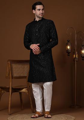 Black Embroidered Cotton Kurta Set For Men