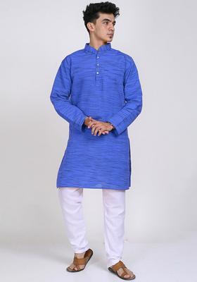 Blue Woven Design Cotton Kurta Set For Men