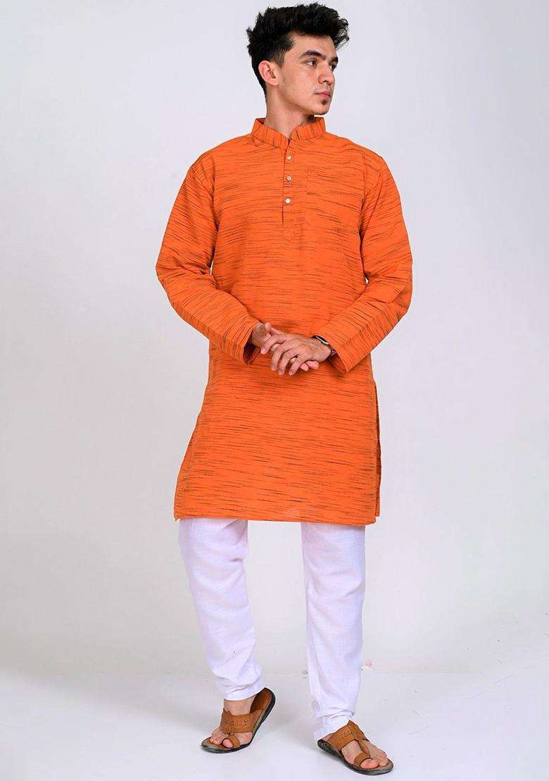 Orange Woven Design Cotton Kurta Set For Men - Indya