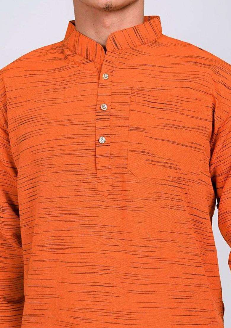 Orange Woven Design Cotton Kurta Set For Men - Indya