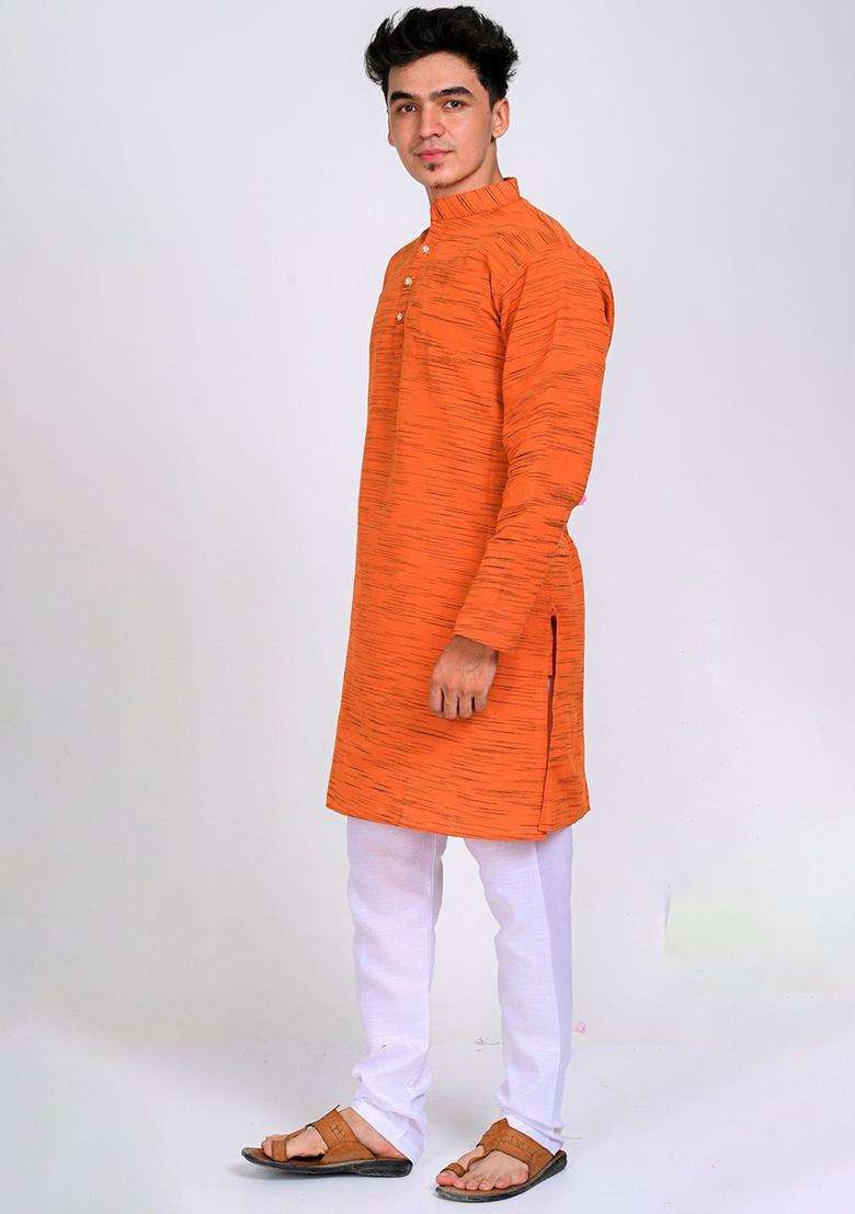 Orange Woven Design Cotton Kurta Set For Men - Indya