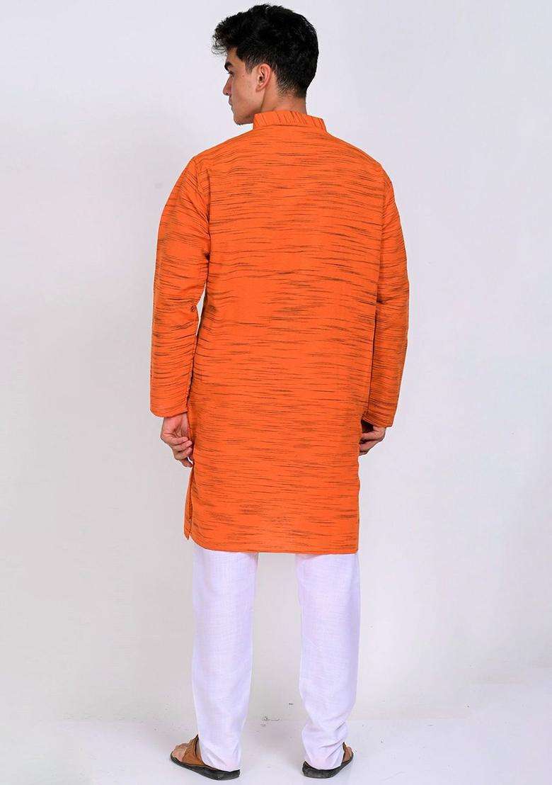 Orange Woven Design Cotton Kurta Set For Men - Indya