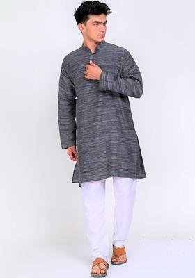 Grey Woven Design Cotton Kurta Set For Men