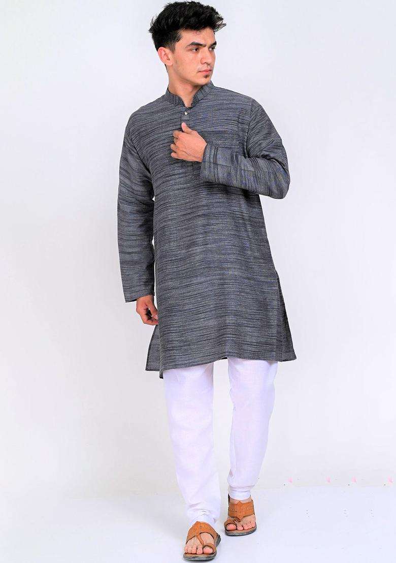 Grey Woven Design Cotton Kurta Set For Men - Indya