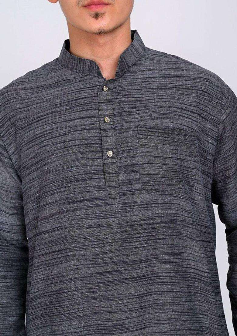 Grey Woven Design Cotton Kurta Set For Men - Indya