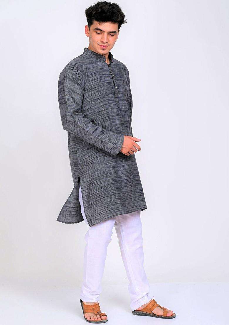Grey Woven Design Cotton Kurta Set For Men - Indya