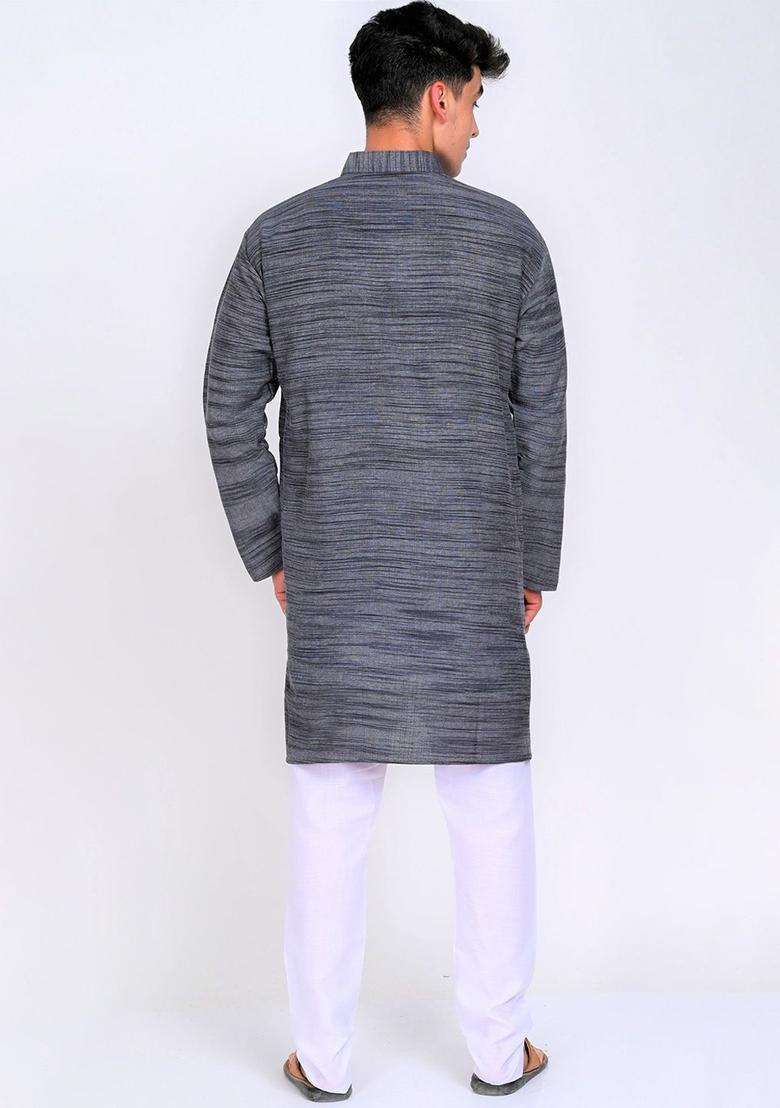 Grey Woven Design Cotton Kurta Set For Men - Indya