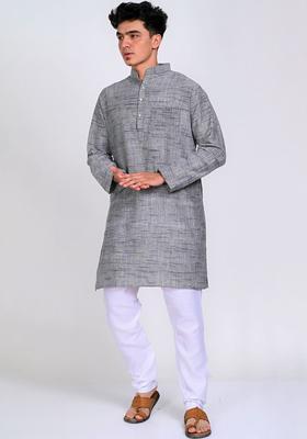 Grey Woven Design Cotton Kurta Set For Men