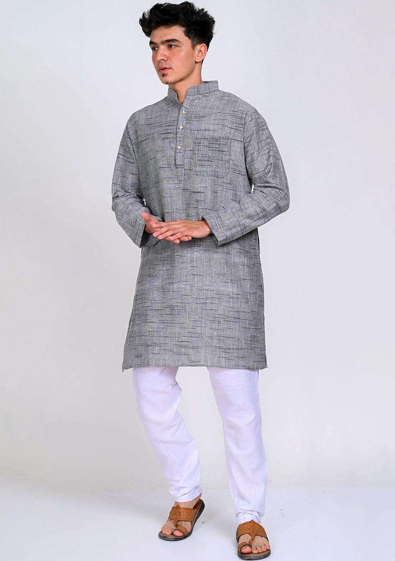Grey Woven Design Cotton Kurta Set For Men - Indya