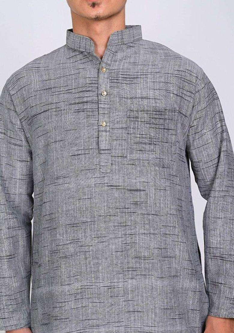 Grey Woven Design Cotton Kurta Set For Men - Indya