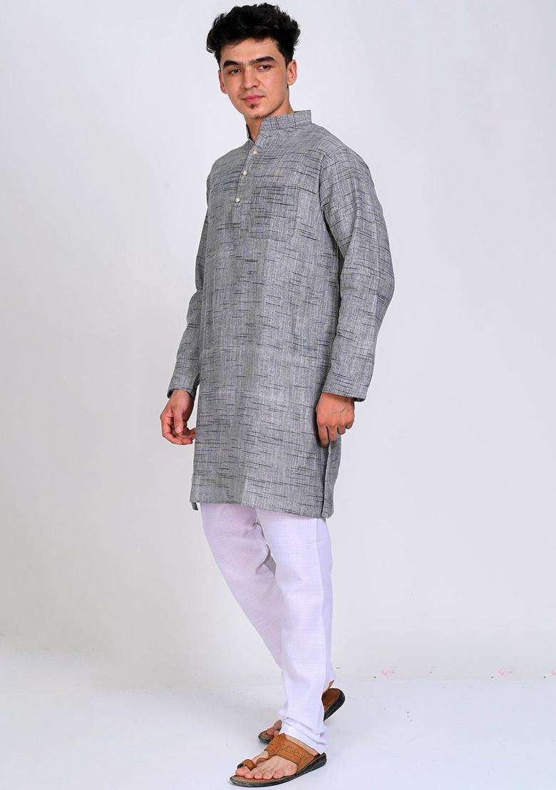 Grey Woven Design Cotton Kurta Set For Men - Indya