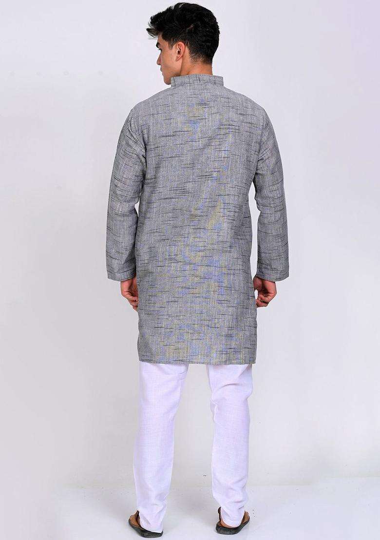 Grey Woven Design Cotton Kurta Set For Men - Indya