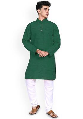 Green Woven Design Cotton Kurta Set For Men