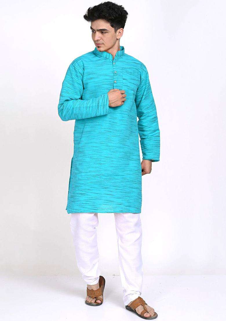 Turquoise Blue Woven Design Cotton Kurta Set For Men - Indya